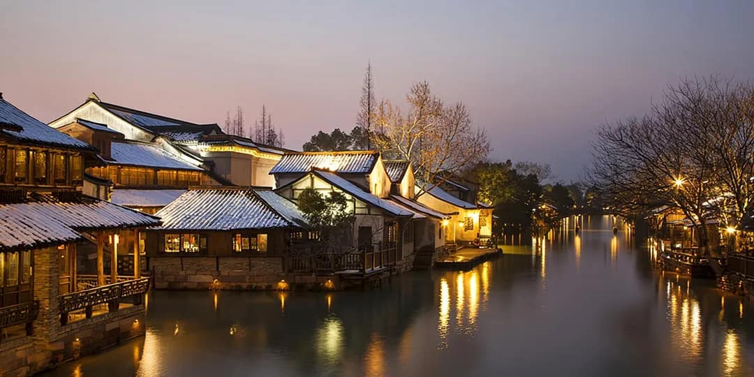 Wuzhen Xizha water town illuminated at night