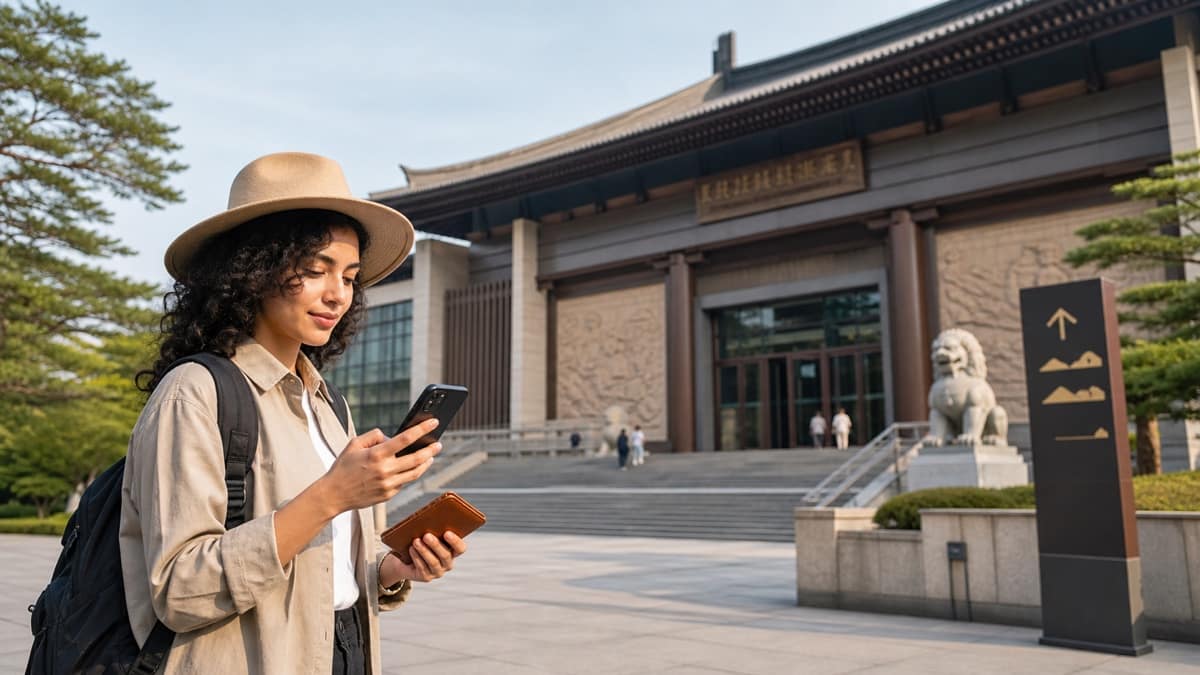 International traveler checking a mobile attraction reservation outside a museum entrance in China