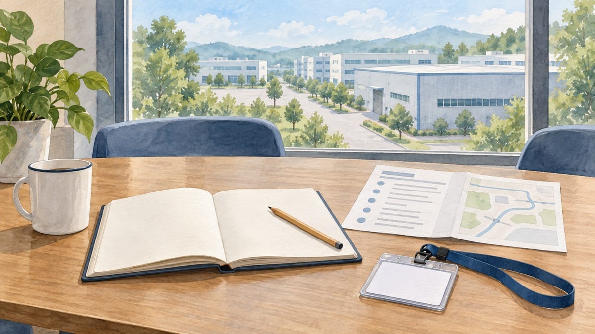 Illustration of a notebook, itinerary and visitor badge beside a window overlooking an industrial campus.