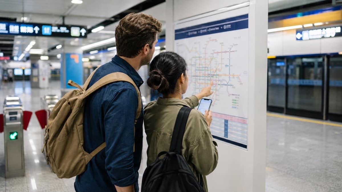 Two international visitors checking a metro network map inside a modern station in China
