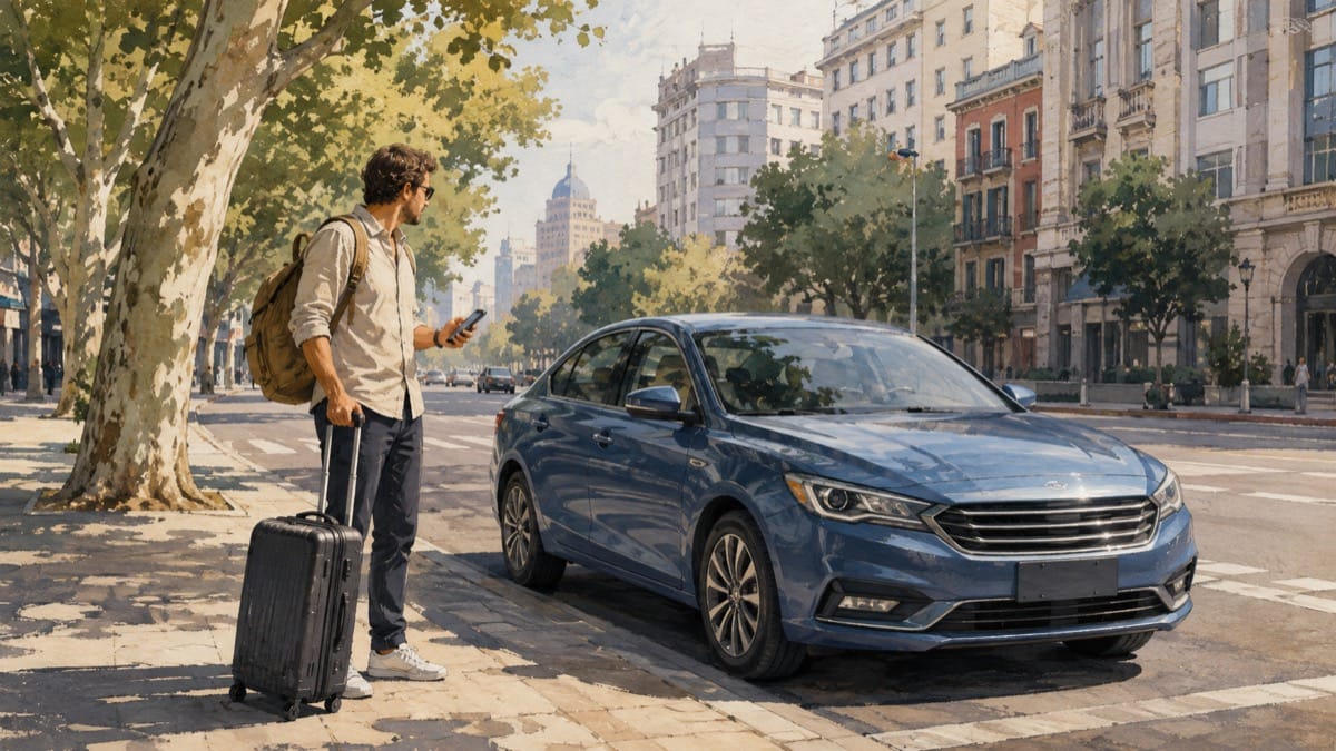 Illustration of a traveler checking a phone beside a blue car on a city sidewalk.