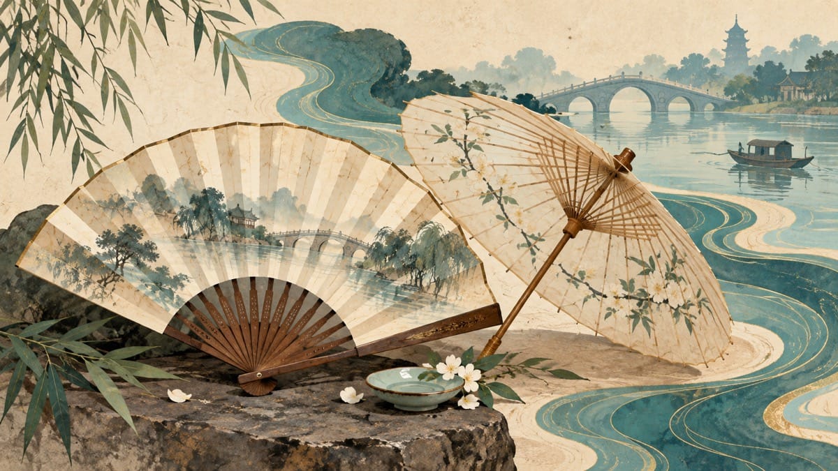 AI illustration of a folding fan and paper parasol beside imagined canal scenery