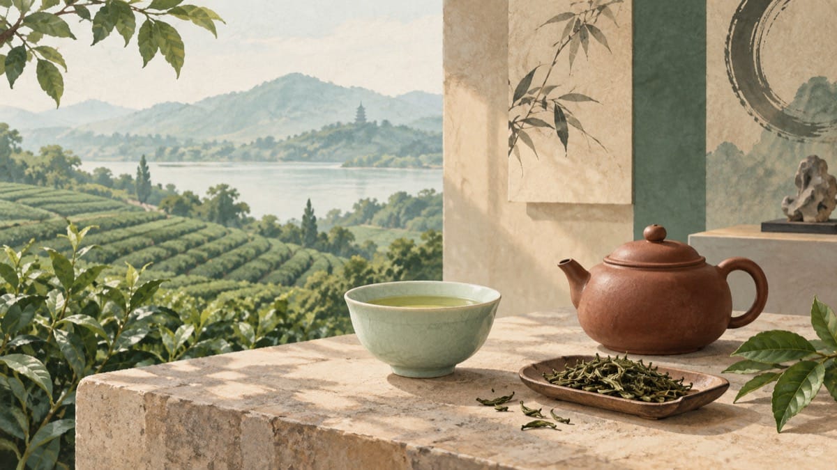 Editorial illustration of a teacup, clay teapot and tea leaves beside an imagined tea landscape.