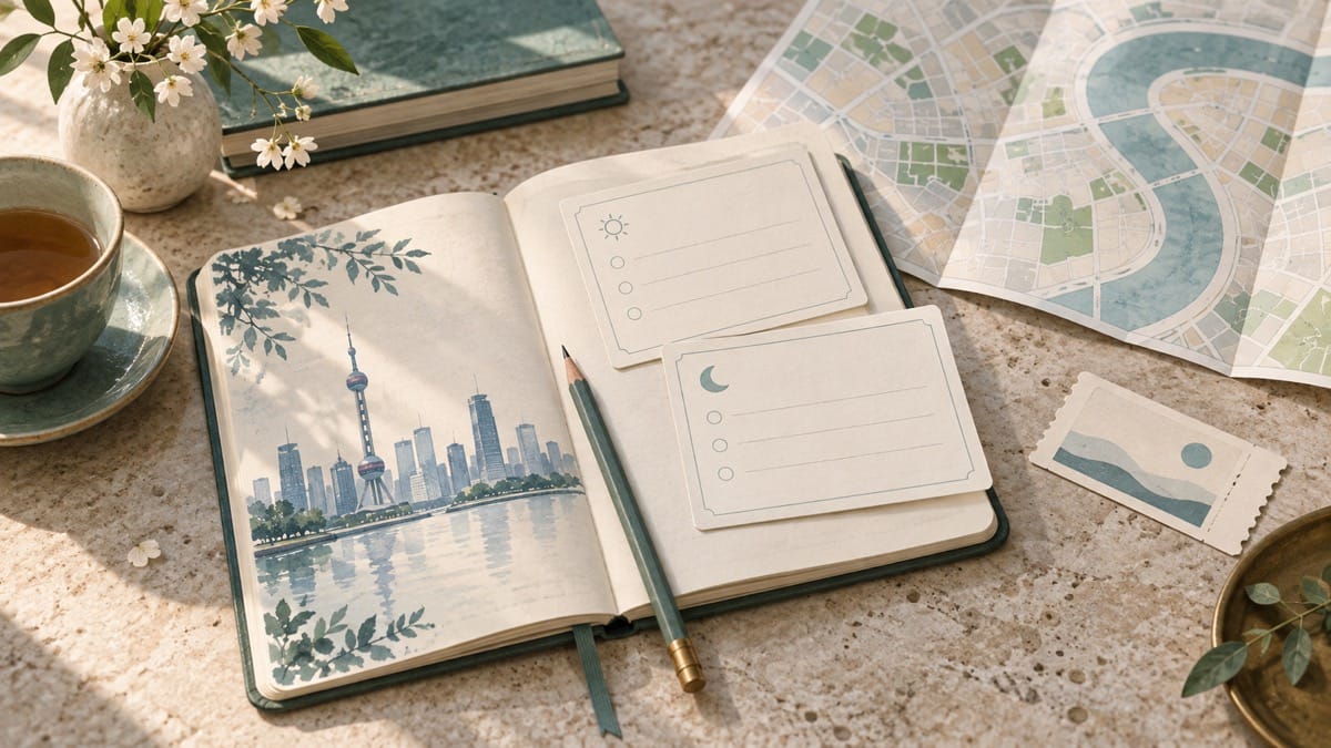 Illustration of a travel notebook, two itinerary cards and a folded map on a desk.