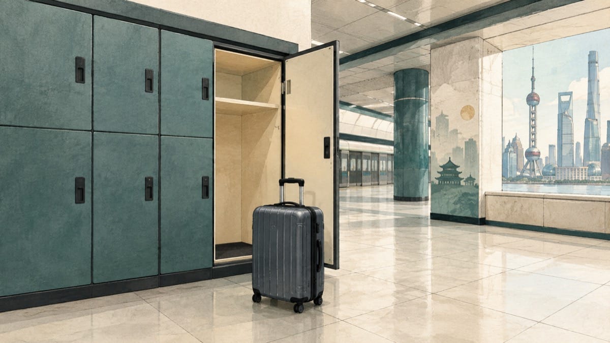 Illustration of a suitcase beside open luggage lockers in a station concourse.