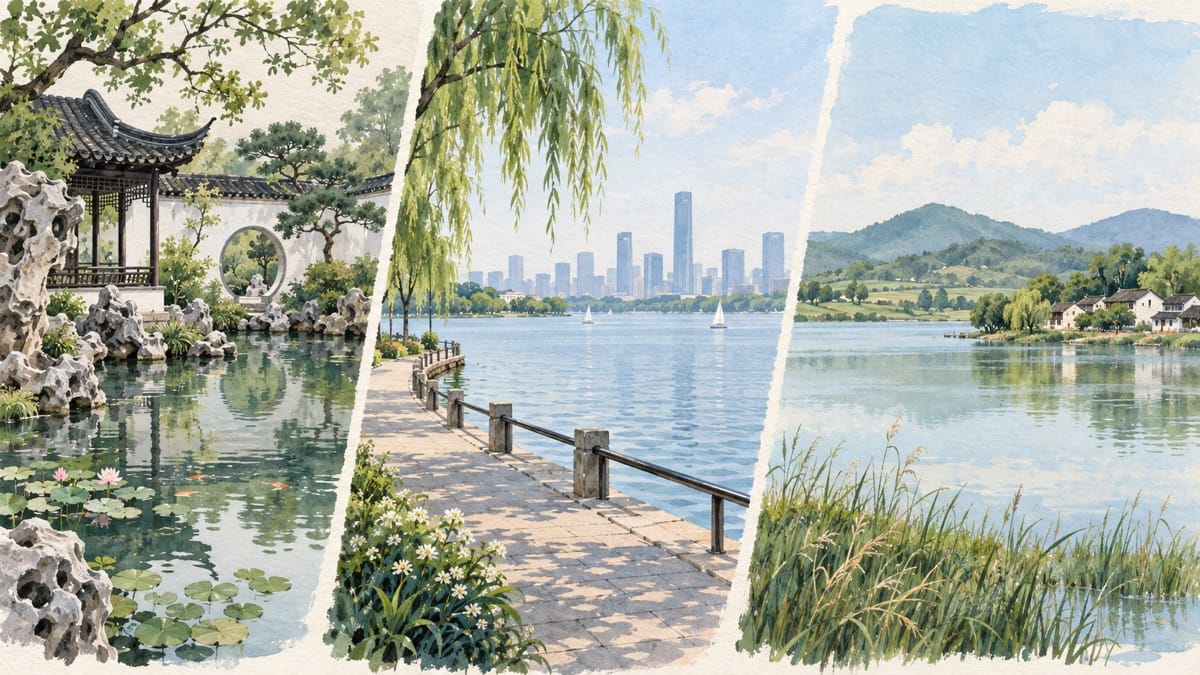 Illustration of a classical garden, an urban waterfront and a rural lakeside landscape.