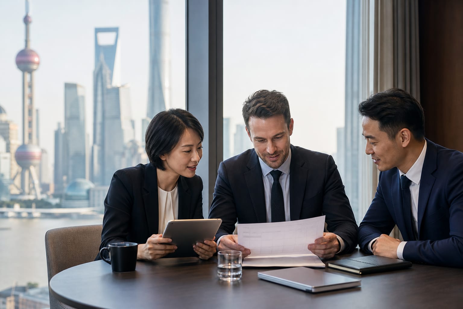 International business travelers reviewing a China meeting itinerary in Shanghai