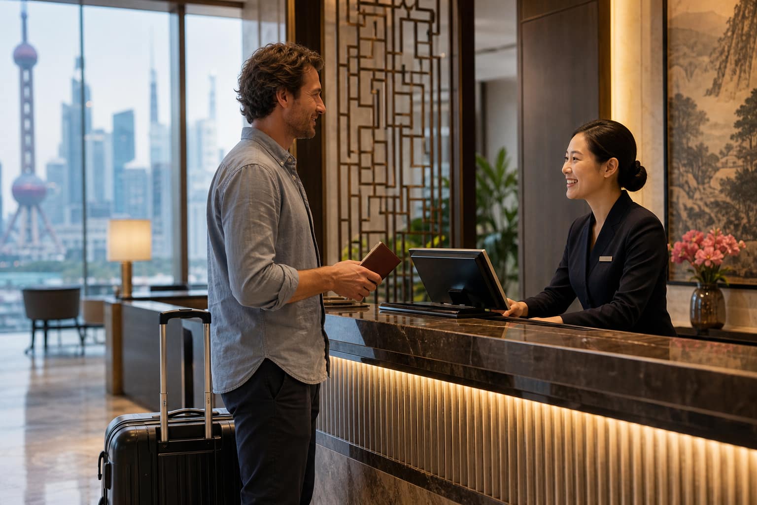 International traveler checking in at a hotel in China
