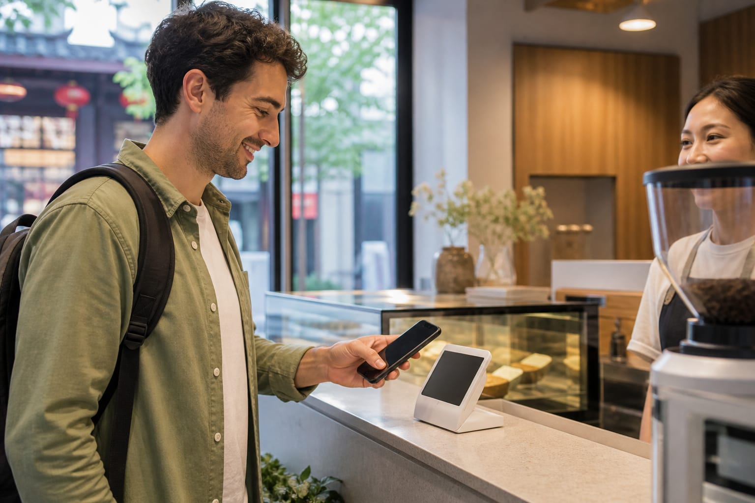 International visitor making a mobile payment at a café in China