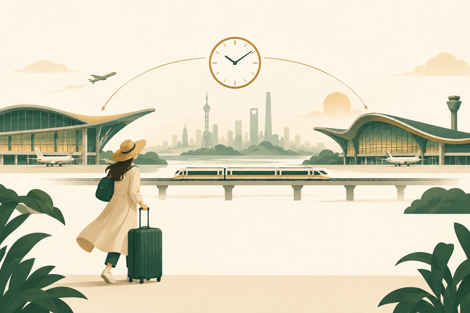 Conceptual illustration of a traveler, train and two airport terminals beneath a clock