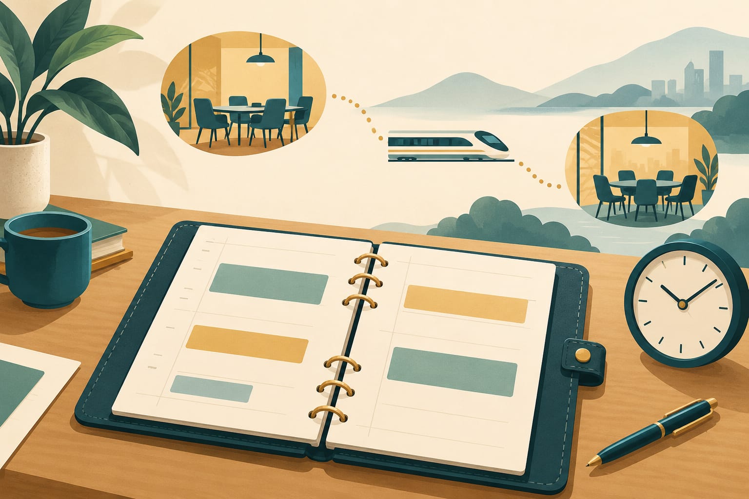 Illustration of a day planner, clock and meeting rooms connected by a train journey