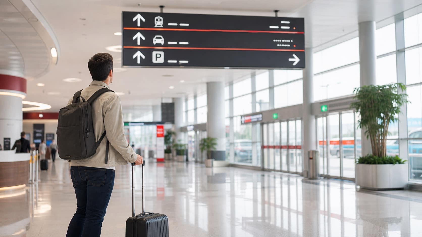 International traveler finding ground transport in a modern Chinese airport arrivals hall