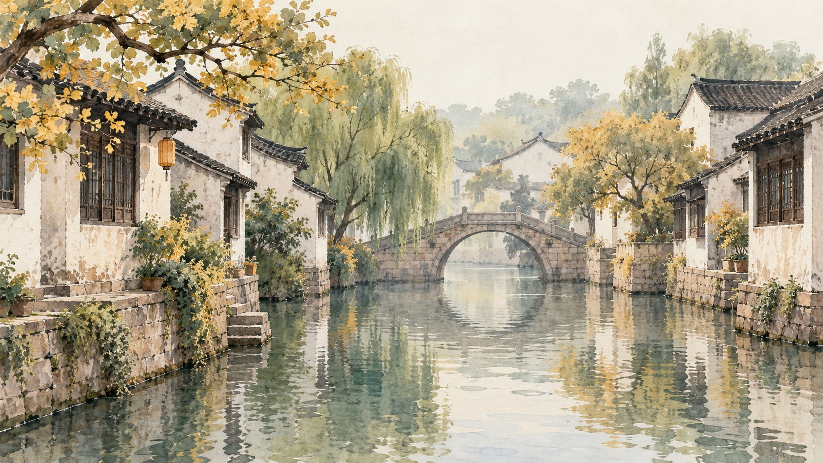 Watercolor illustration of an imaginary Jiangnan canal, white houses and a stone footbridge.