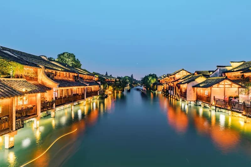 Wuzhen water town illuminated after sunset