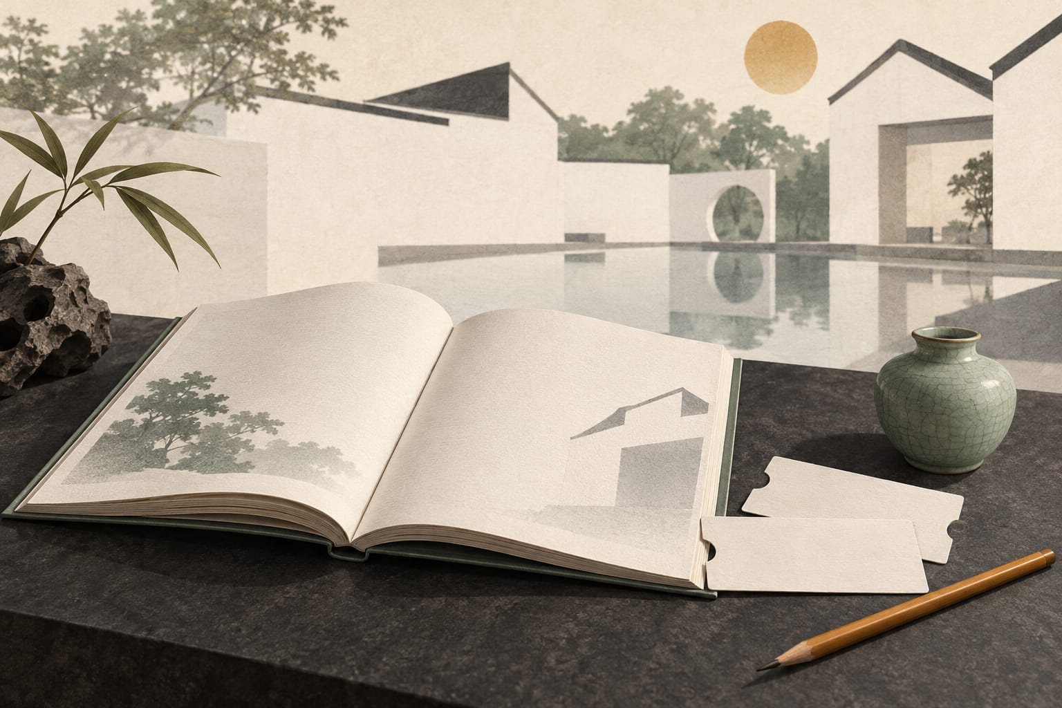 Illustration of an open museum guide, blank entry cards, a pencil and a green ceramic vessel